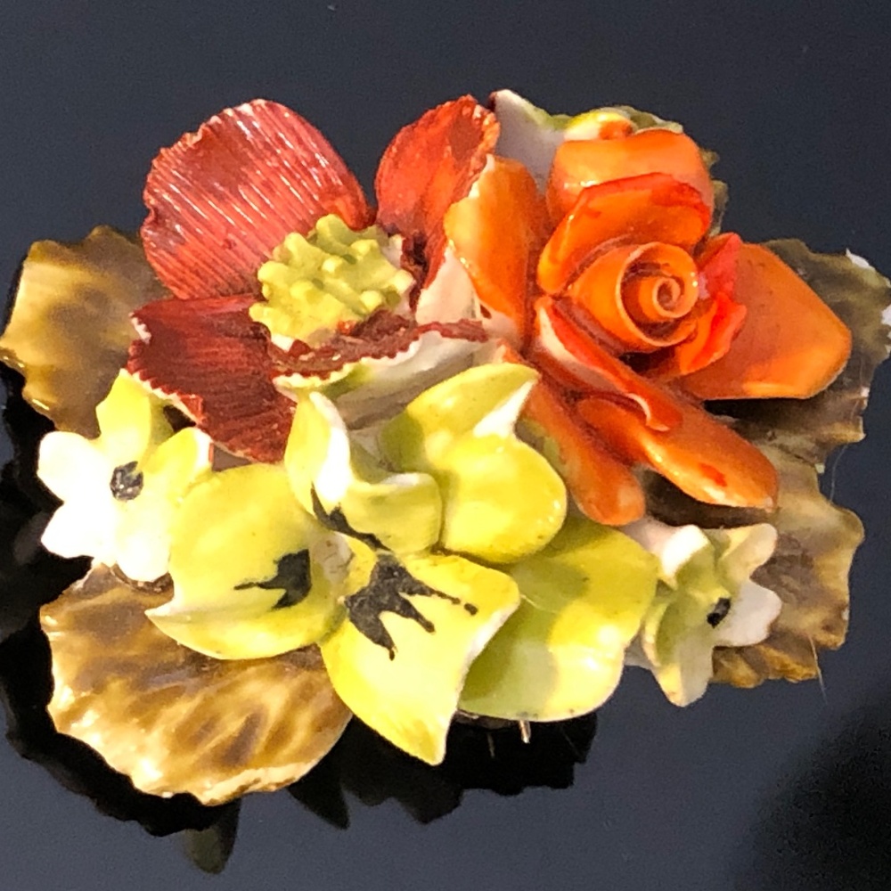 VTG 50s Hand Painted Orange Rose Viola Flowers Bone China Brooch Pin~England